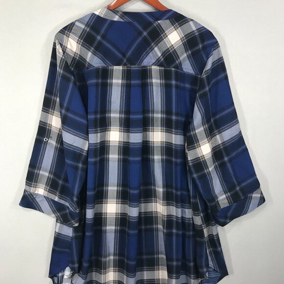 Torrid Harper Blouse Women's 2 Blue Plaid Pullover Tunic Top 3/4 Sleeve Roll Tab - Picture 3 of 15
